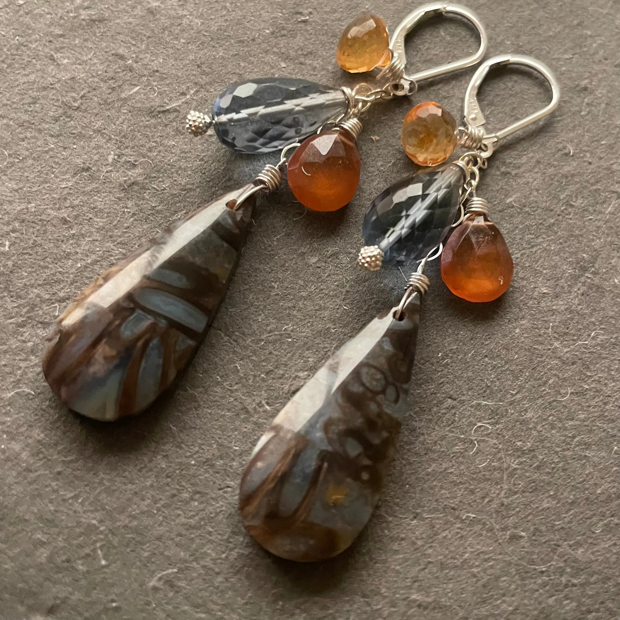 Palm Root Fossil Earrings, OOAK, garnet