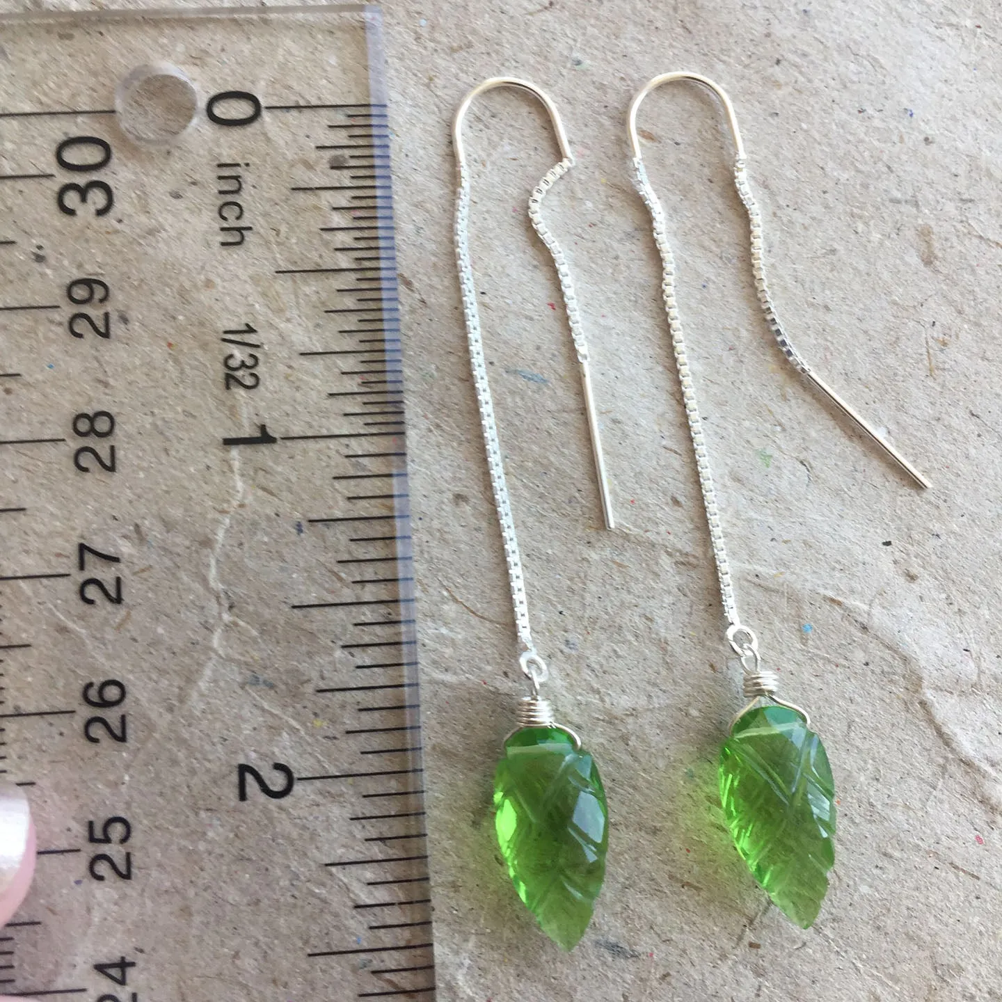 Peridot Quartz Carved Leaf Threader Earrings, OOAK