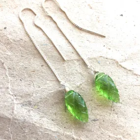 Peridot Quartz Carved Leaf Threader Earrings, OOAK