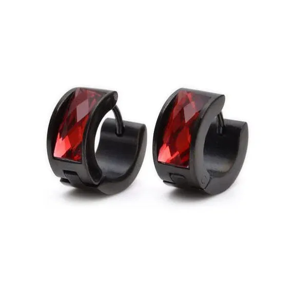 Red Crystal Black Stainless Steel Studs Hoop Men's Earrings