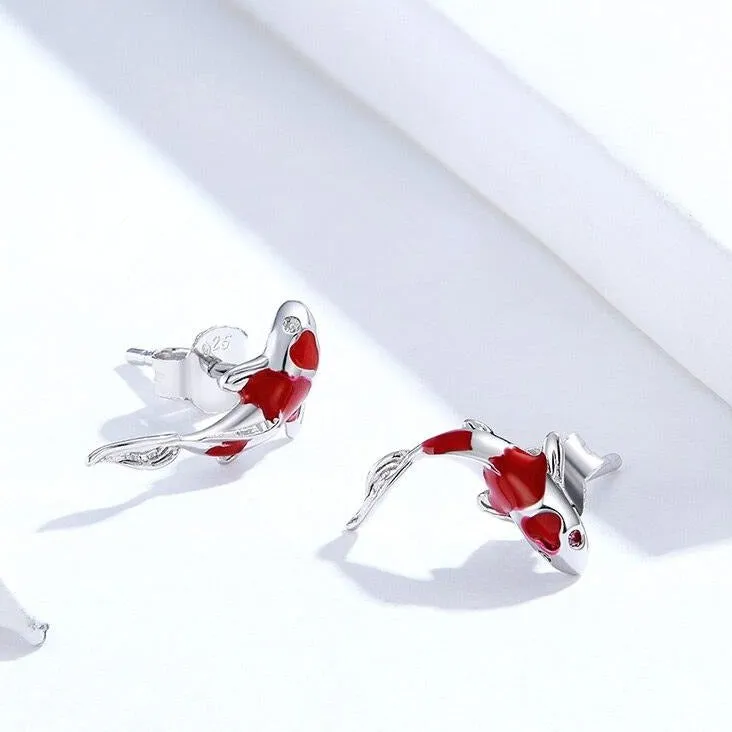 Red Koi Stud Earrings - 925 Sterling Silver Charm Jewelry (GX336)