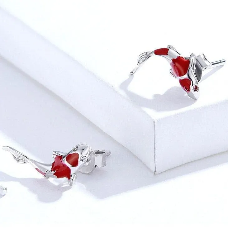 Red Koi Stud Earrings - 925 Sterling Silver Charm Jewelry (GX336)