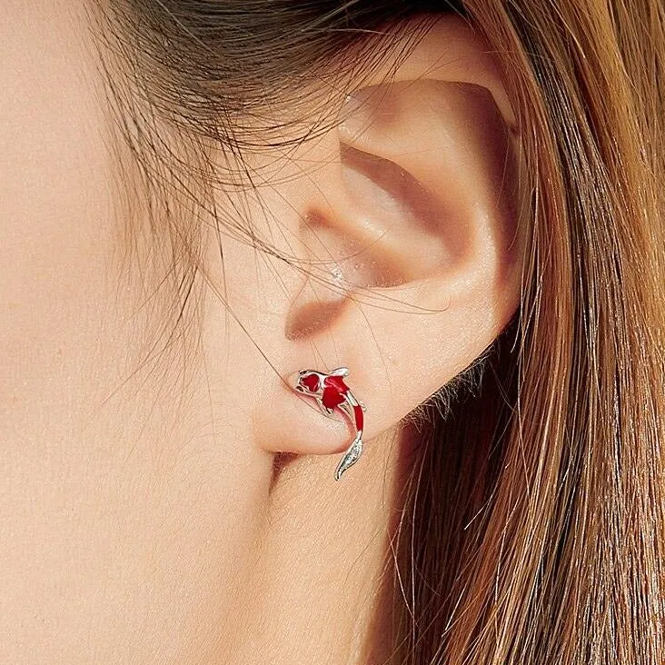 Red Koi Stud Earrings - 925 Sterling Silver Charm Jewelry (GX336)