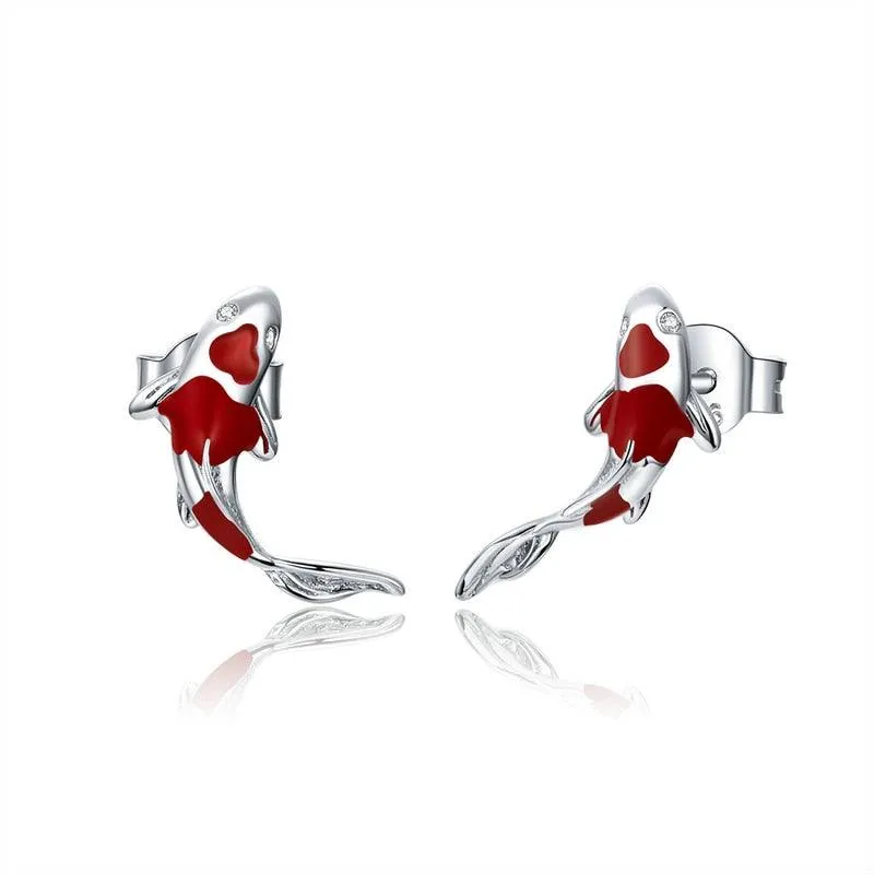 Red Koi Stud Earrings - 925 Sterling Silver Charm Jewelry (GX336)