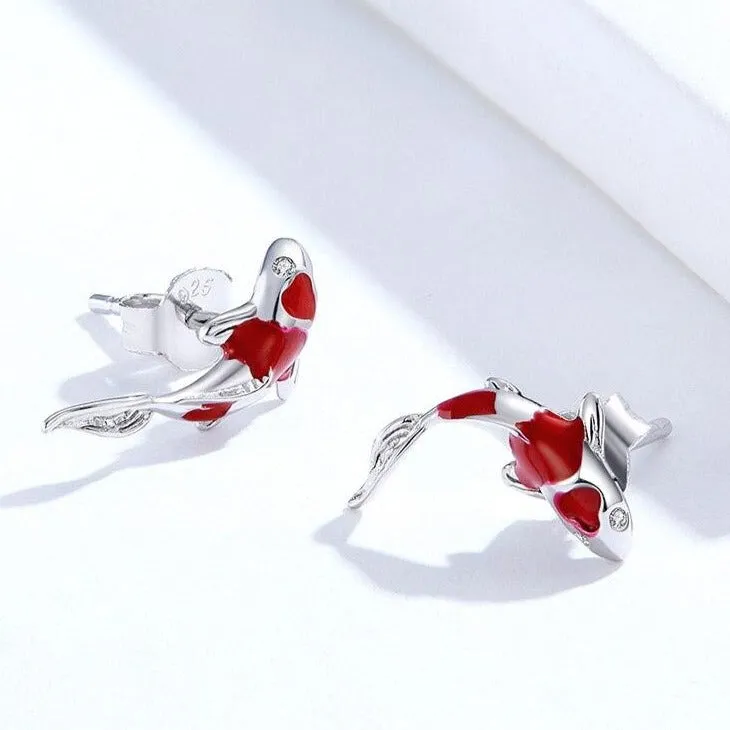 Red Koi Stud Earrings - 925 Sterling Silver Charm Jewelry (GX336)