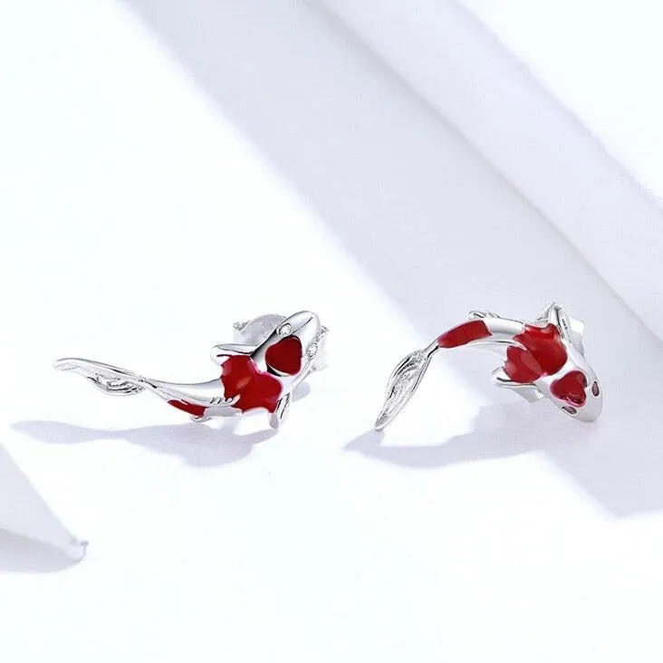 Red Koi Stud Earrings - 925 Sterling Silver Charm Jewelry (GX336)