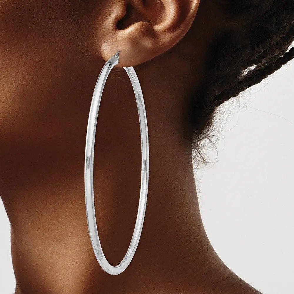 Rhodium-Plated 3mm Round Hoop Earrings in Sterling Silver