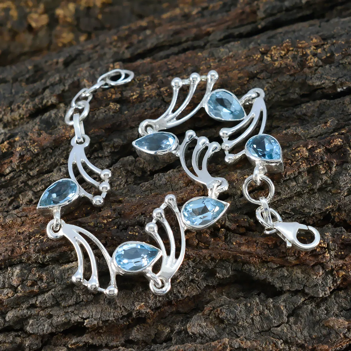 Riyo Attractive 925 Sterling Silver Bracelet For Womens Blue Topaz Bracelet Prong Setting Bracelet with Fish Hook Link Bracelet L Size 6-8.5 Inch.