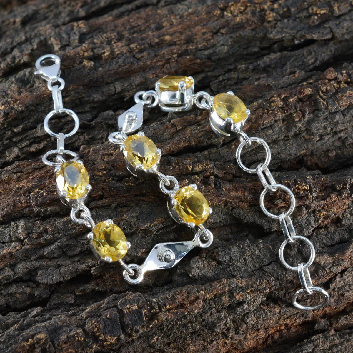 Riyo Custom 925 Sterling Silver Bracelet For Womens Citrine Bracelet Prong Setting Bracelet with Fish Hook Link Bracelet L Size 6-8.5 Inch.