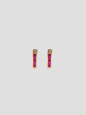 Rose Gold Chubby Square Huggie Earrings w/ Ruby Baguettes