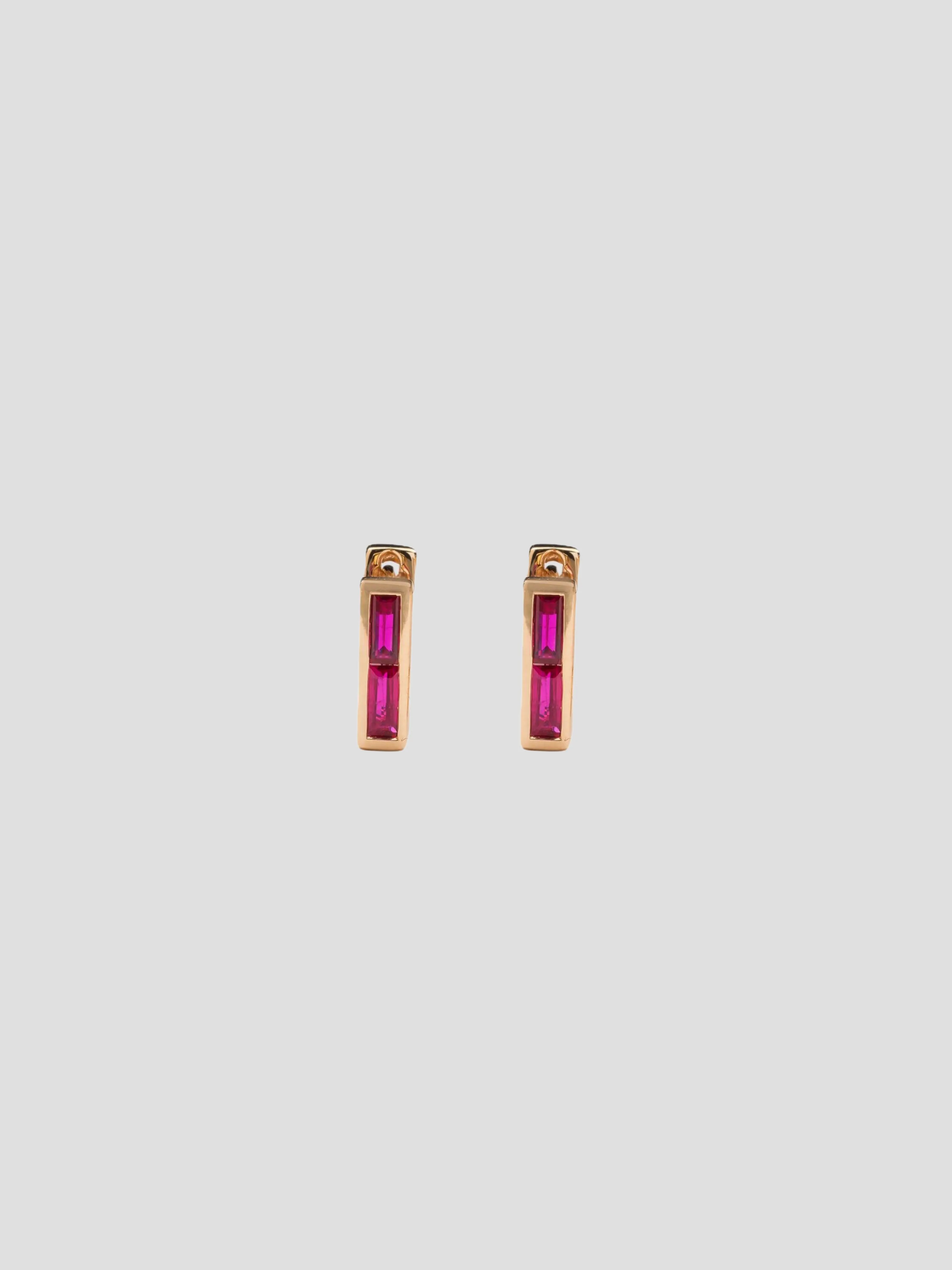 Rose Gold Chubby Square Huggie Earrings w/ Ruby Baguettes