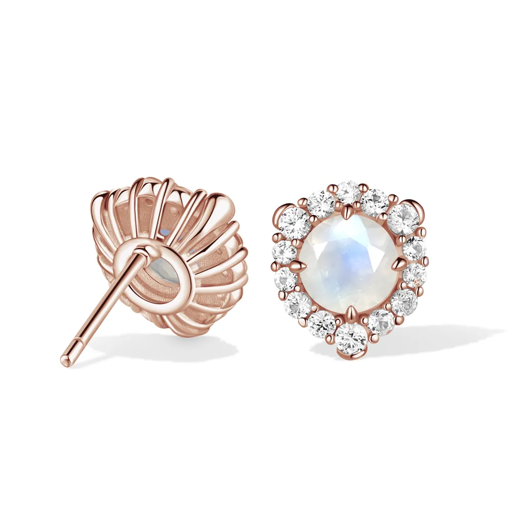 Round Moonstone Stud Earrings With White Sapphire Halo