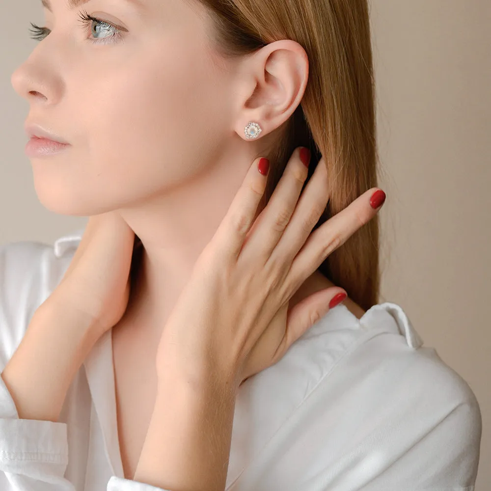 Round Moonstone Stud Earrings With White Sapphire Halo