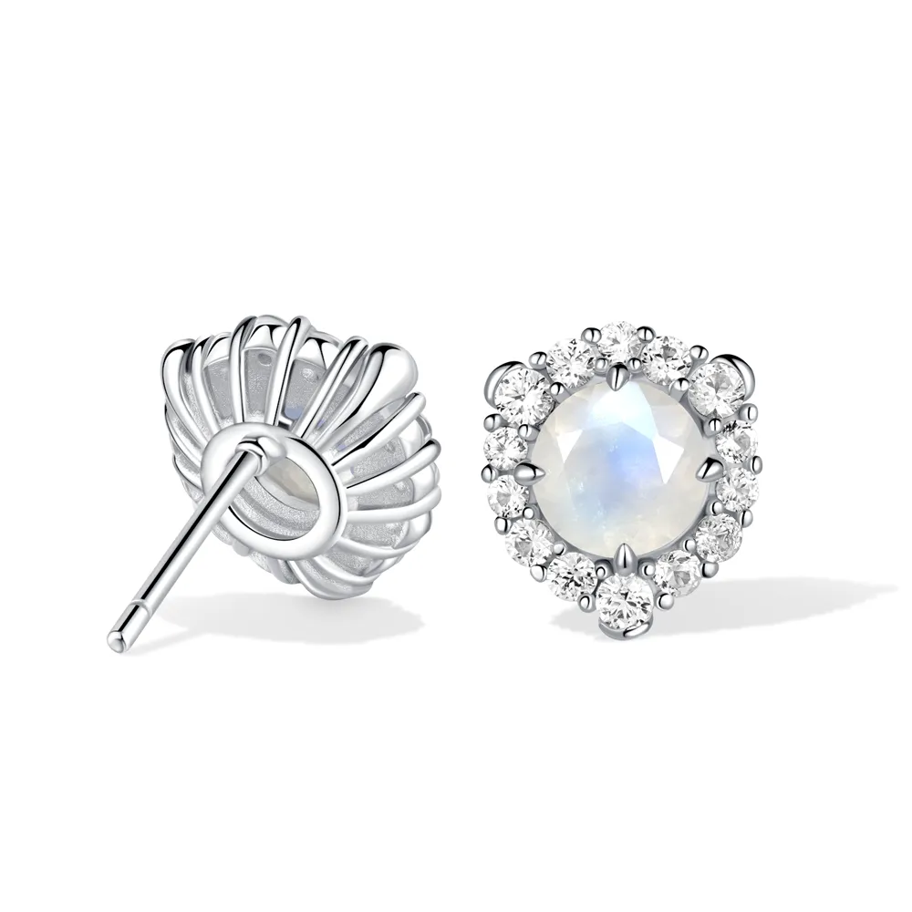 Round Moonstone Stud Earrings With White Sapphire Halo