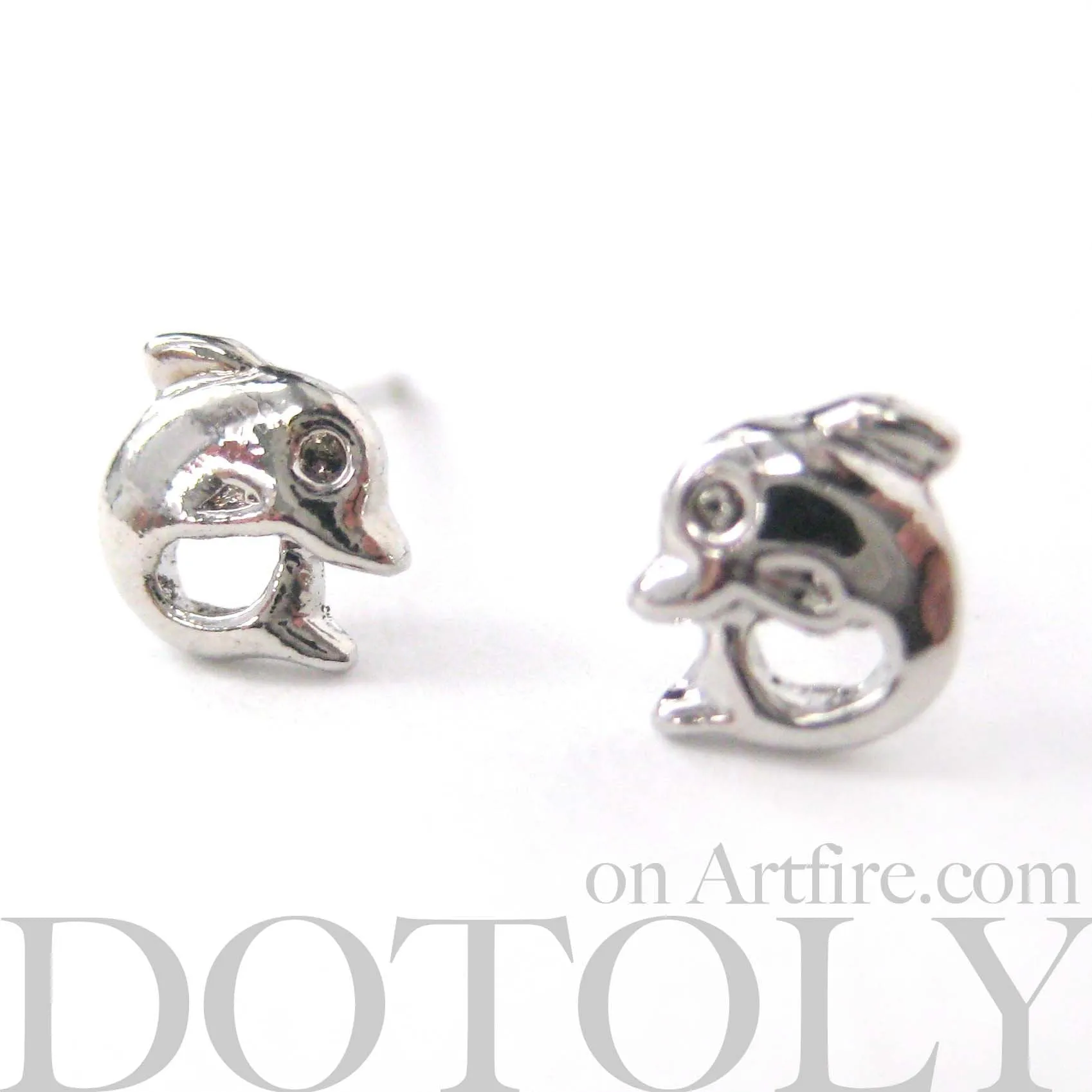 Small Dolphin Fish Sea Animal Stud Earrings in Silver | DOTOLY