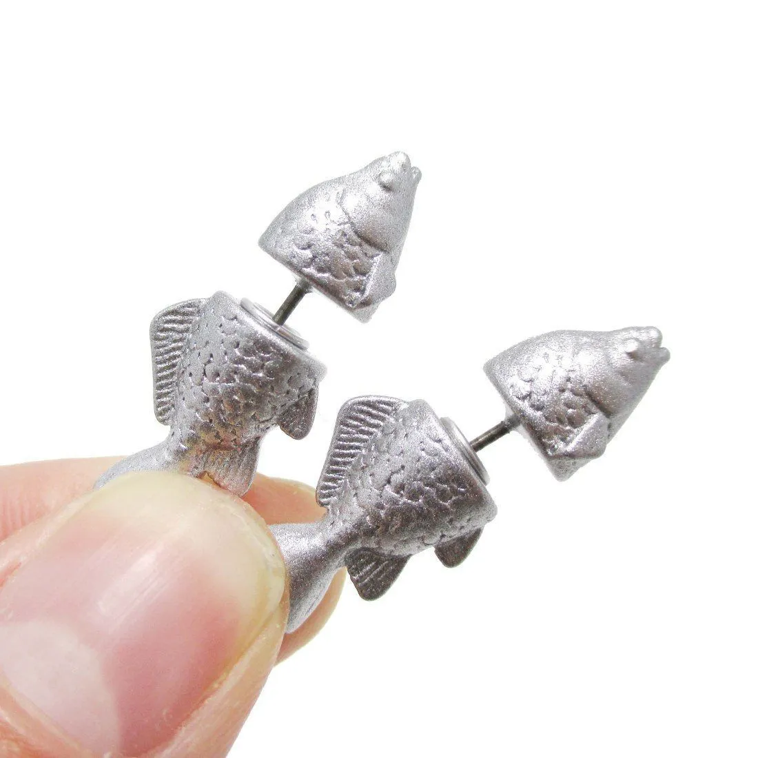 Small Salmon Trout Fish Shaped Front and Back Stud Earrings in Shiny Silver