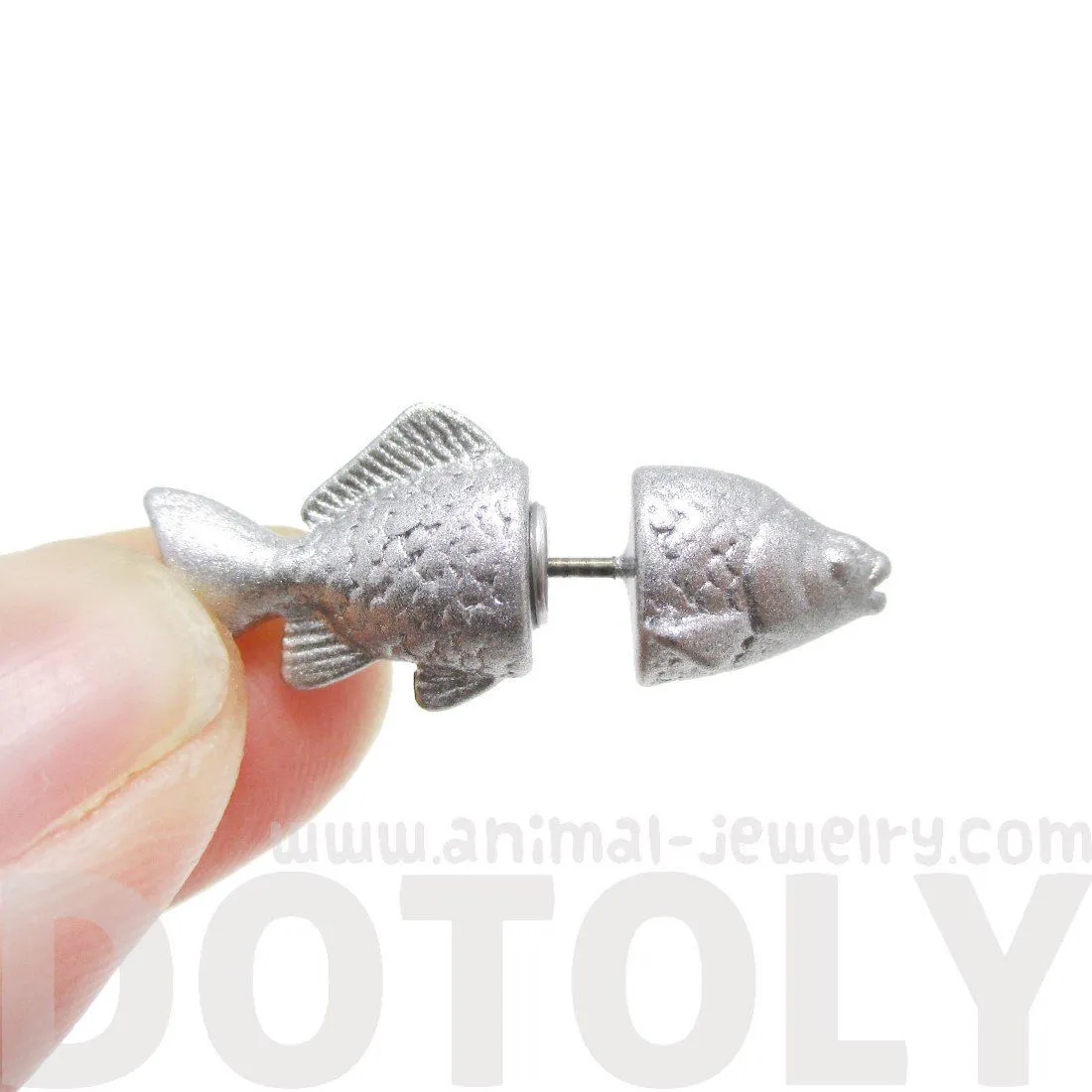 Small Salmon Trout Fish Shaped Front and Back Stud Earrings in Shiny Silver