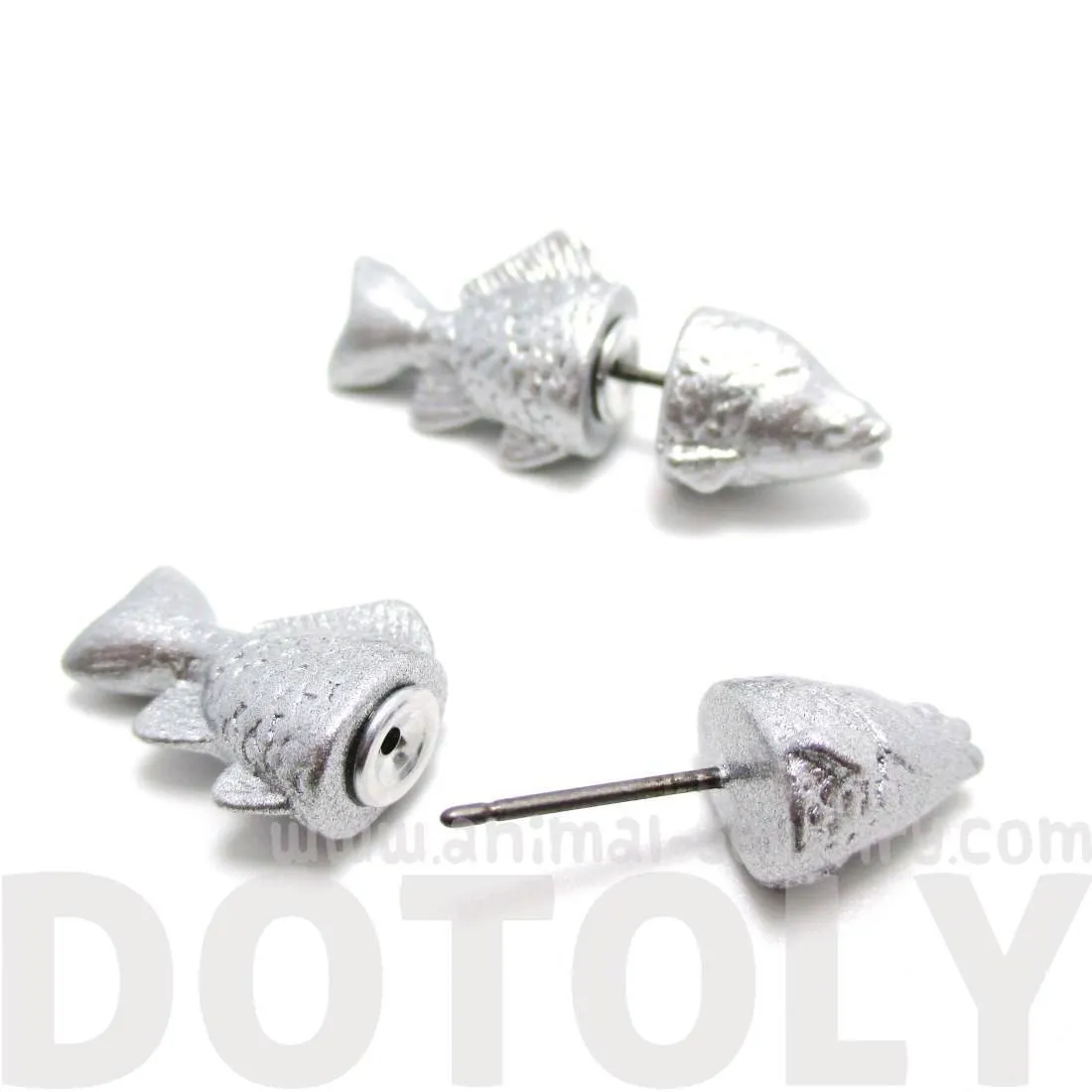 Small Salmon Trout Fish Shaped Front and Back Stud Earrings in Shiny Silver