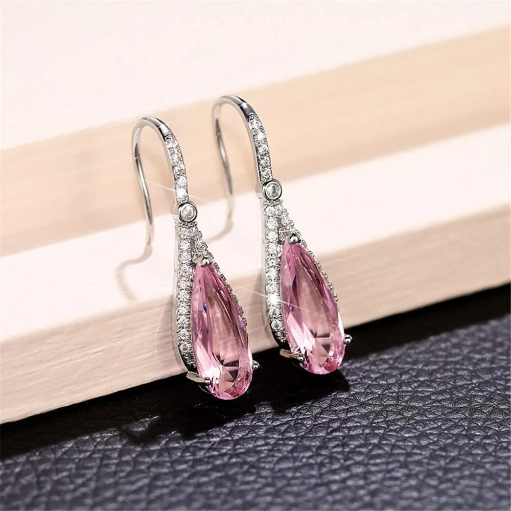 Sparkling CZ Pink Sapphire Drop Earrings