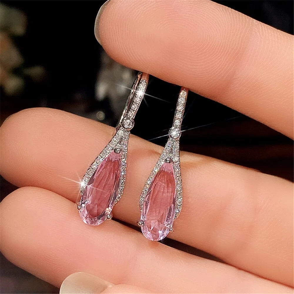 Sparkling CZ Pink Sapphire Drop Earrings