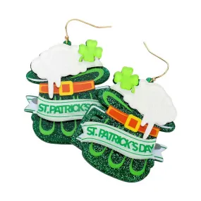 St Patricks Day Message Acetate Beer Cup Dangle Earrings