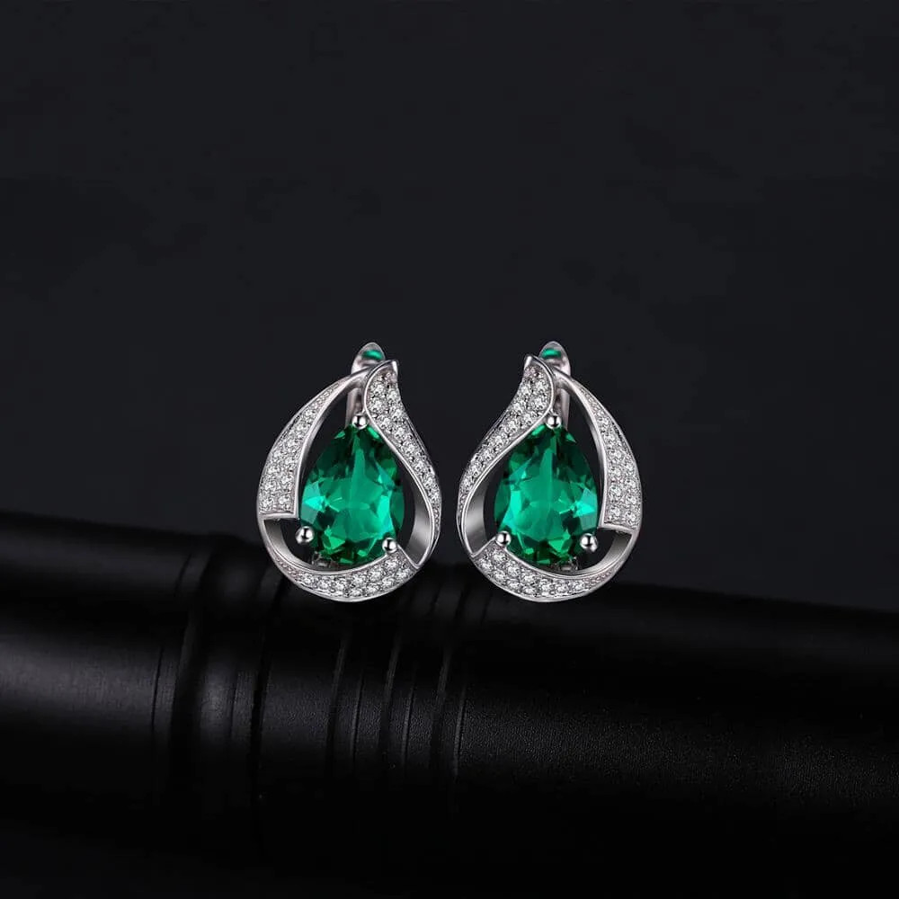 Statement Pear Cut Emerald Hoop Clip Earrings - 925 Sterling Silver