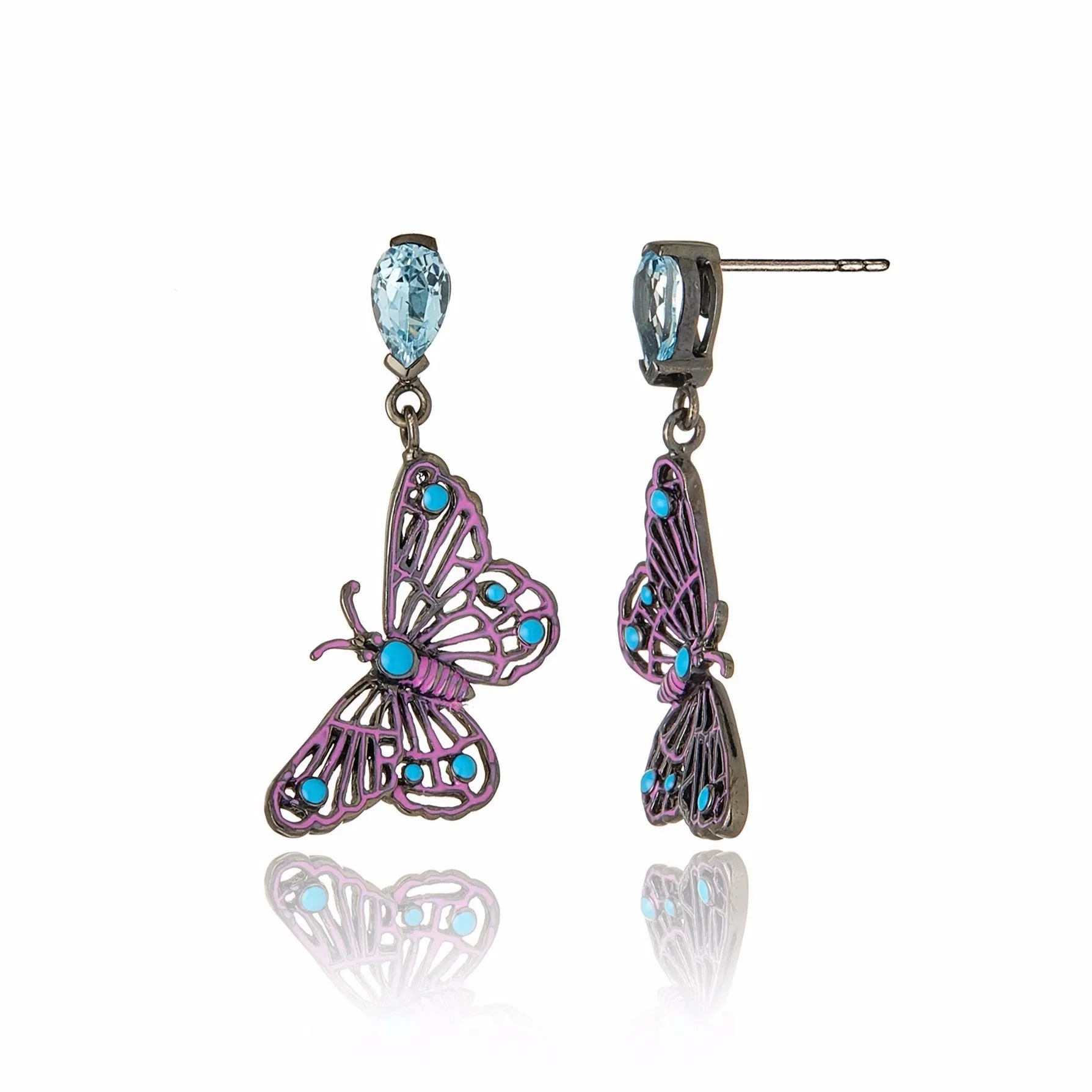 Sterling Silver Butterfly Statement Earrings With Sweet Purple and Midday Blue Enamels & Blue Topaz