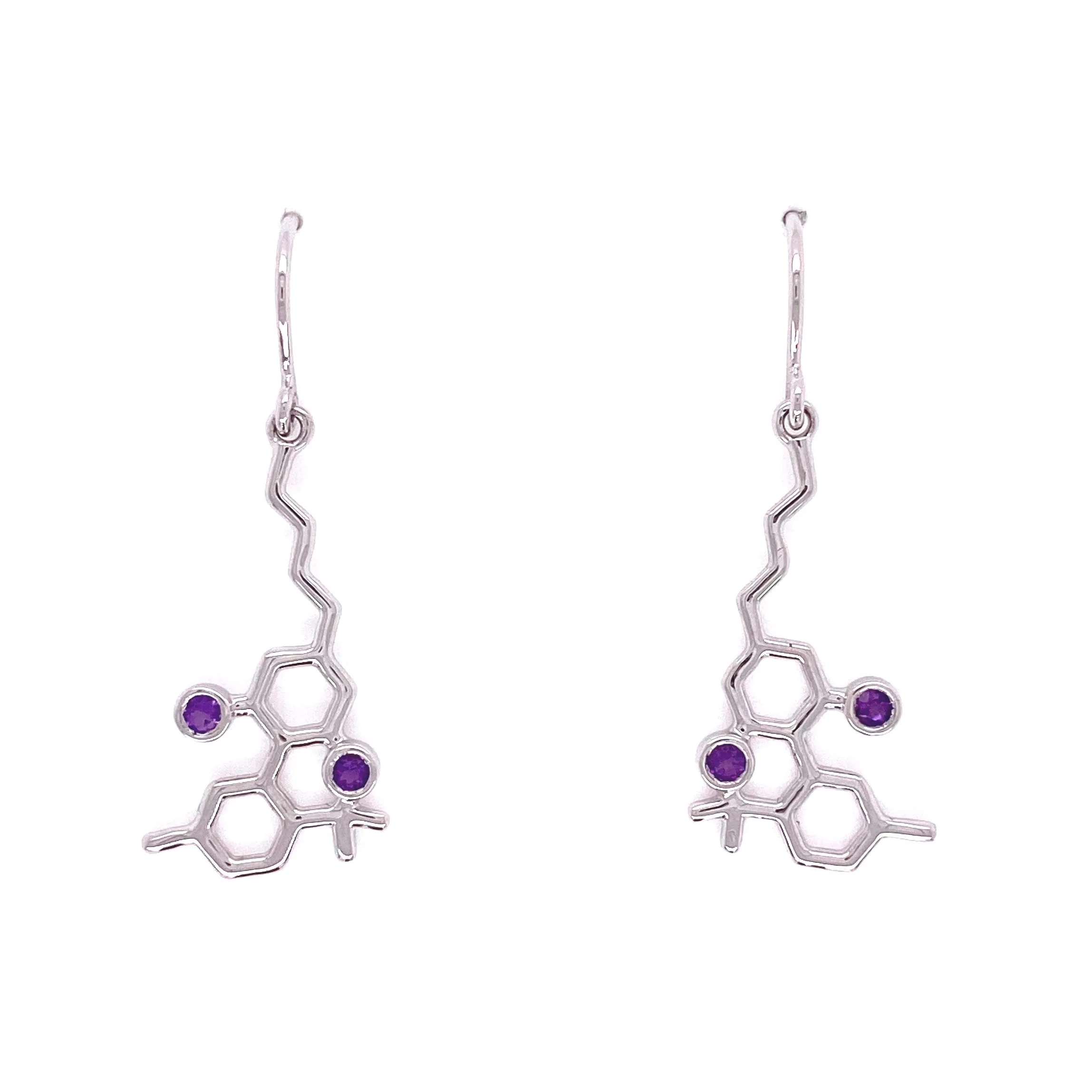 Sterling Silver Molecule Hook Earrings Amethyst Gemstones