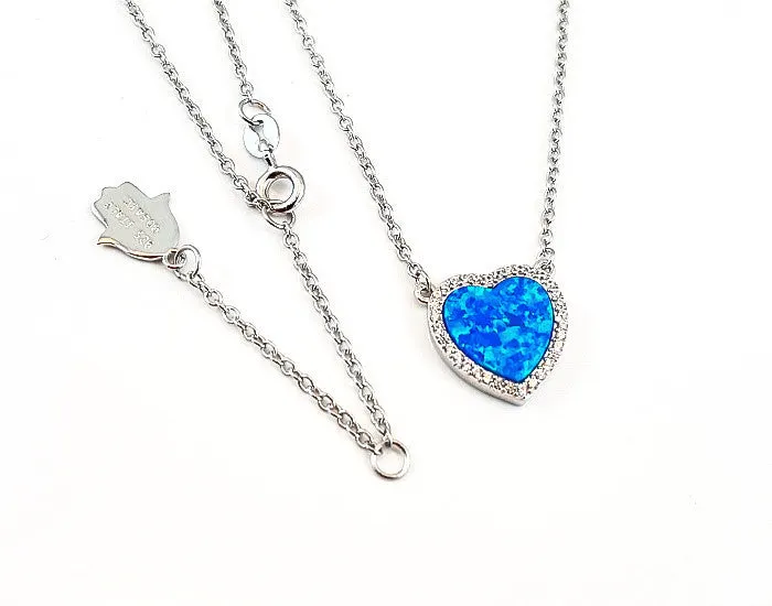 Sterling Silver Opal Blue Heart Pendant Rhodium Plated