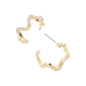 Stone Paved Wavy Metal Hoop Earrings