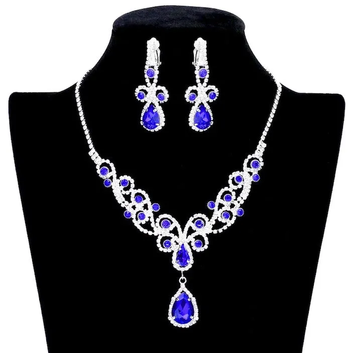 Teardrop Crystal Accented Rhinestone Vine Detailed Elegant Drop Collar Evening Necklace Clip On Earrings Set