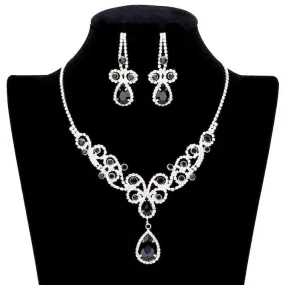 Teardrop Crystal Accented Rhinestone Vine Detailed Elegant Drop Collar Evening Necklace Clip On Earrings Set