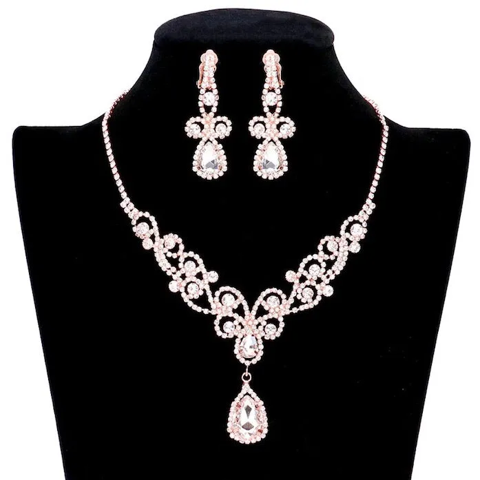 Teardrop Crystal Accented Rhinestone Vine Detailed Elegant Drop Collar Evening Necklace Clip On Earrings Set