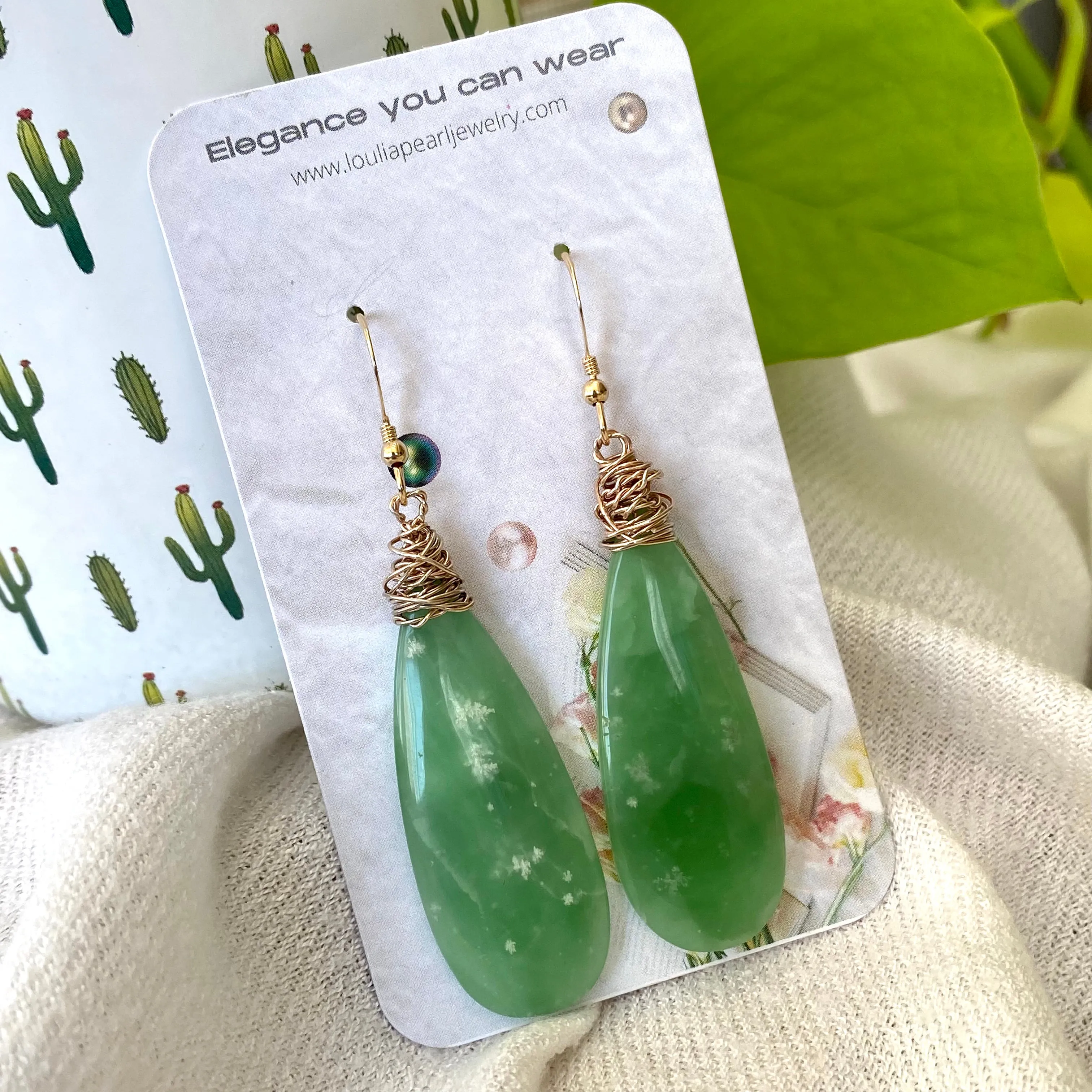 Teardrop Green Onyx Earrings, Gold Filled, Artistic Earrings, Artisan OOAK Jewelry