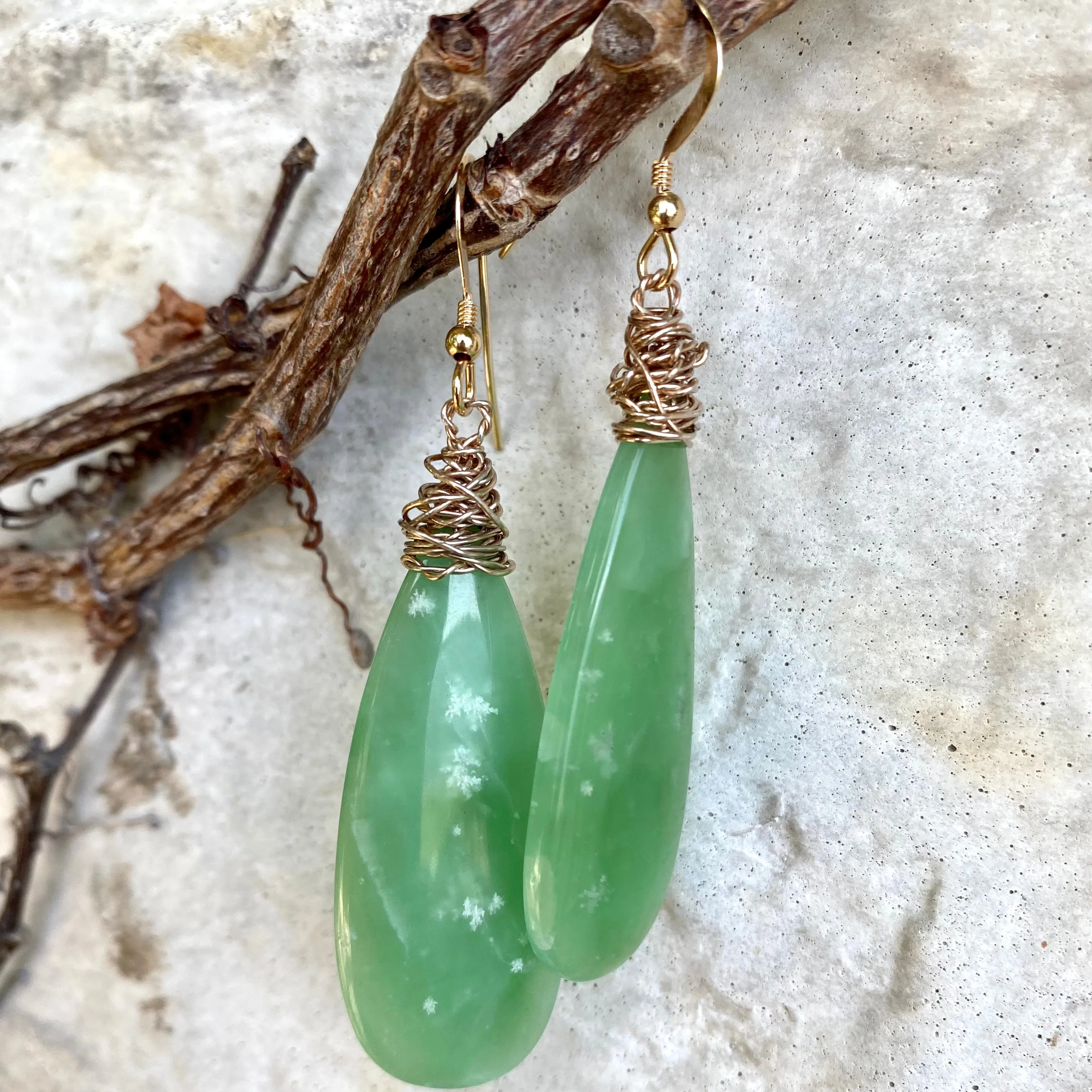 Teardrop Green Onyx Earrings, Gold Filled, Artistic Earrings, Artisan OOAK Jewelry