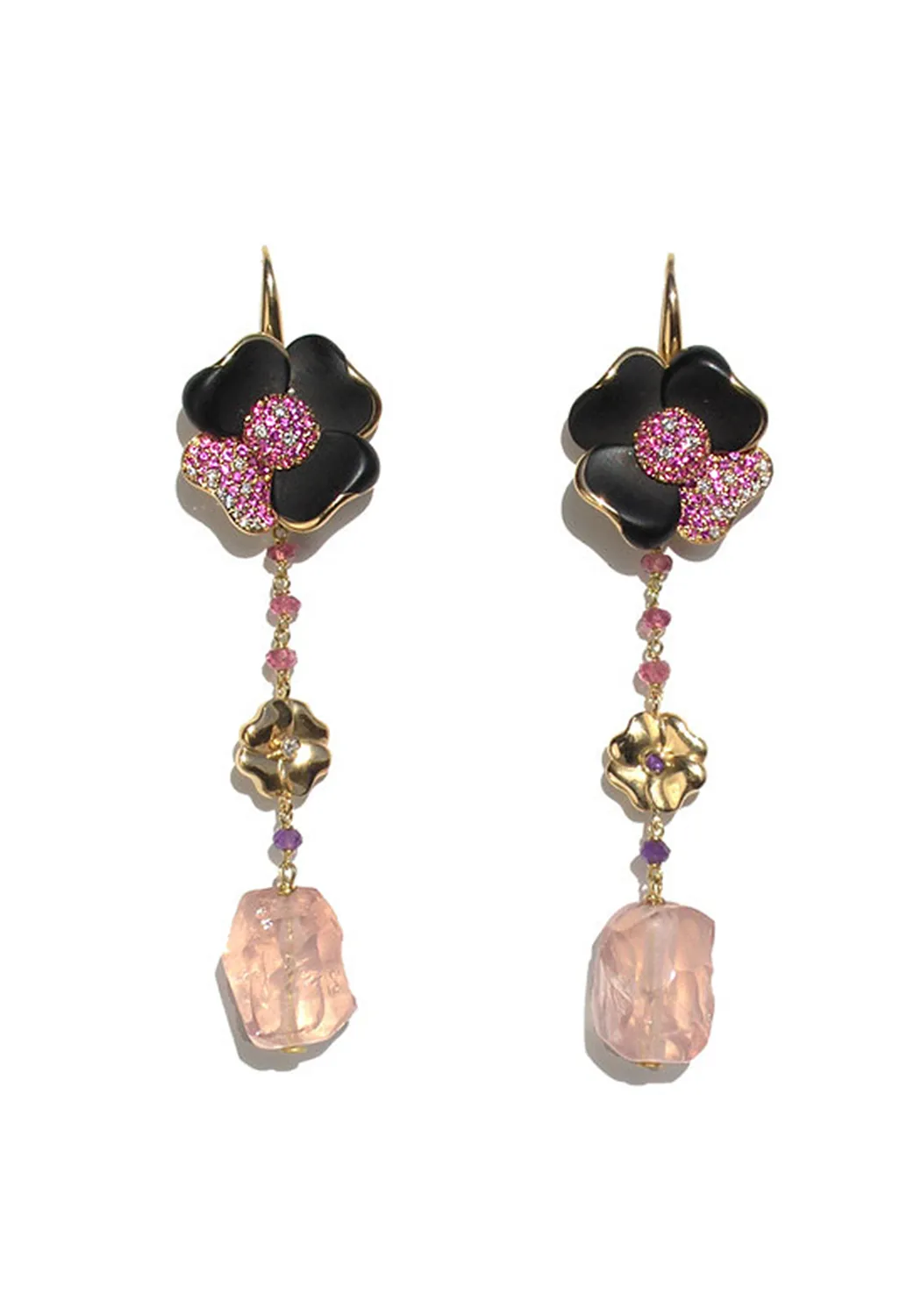 Valente Jet Pink Sapphire Rose Quartz Flower Dangle Earrings