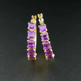 Vintage 10K Gold Amethyst Huggie Hoop Stud Earrings