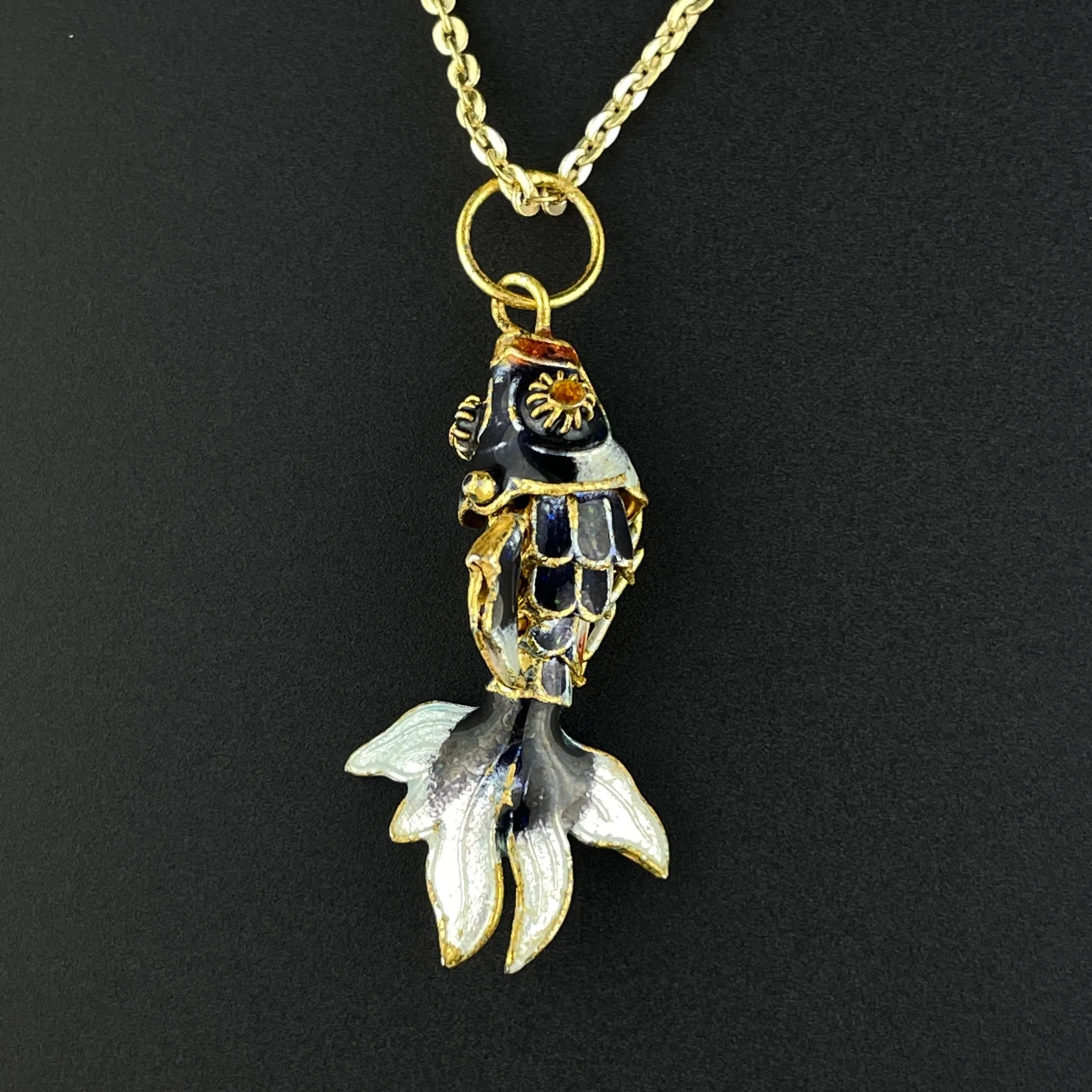 Vintage Articulated Blue Enamel Fish Pendant Necklace