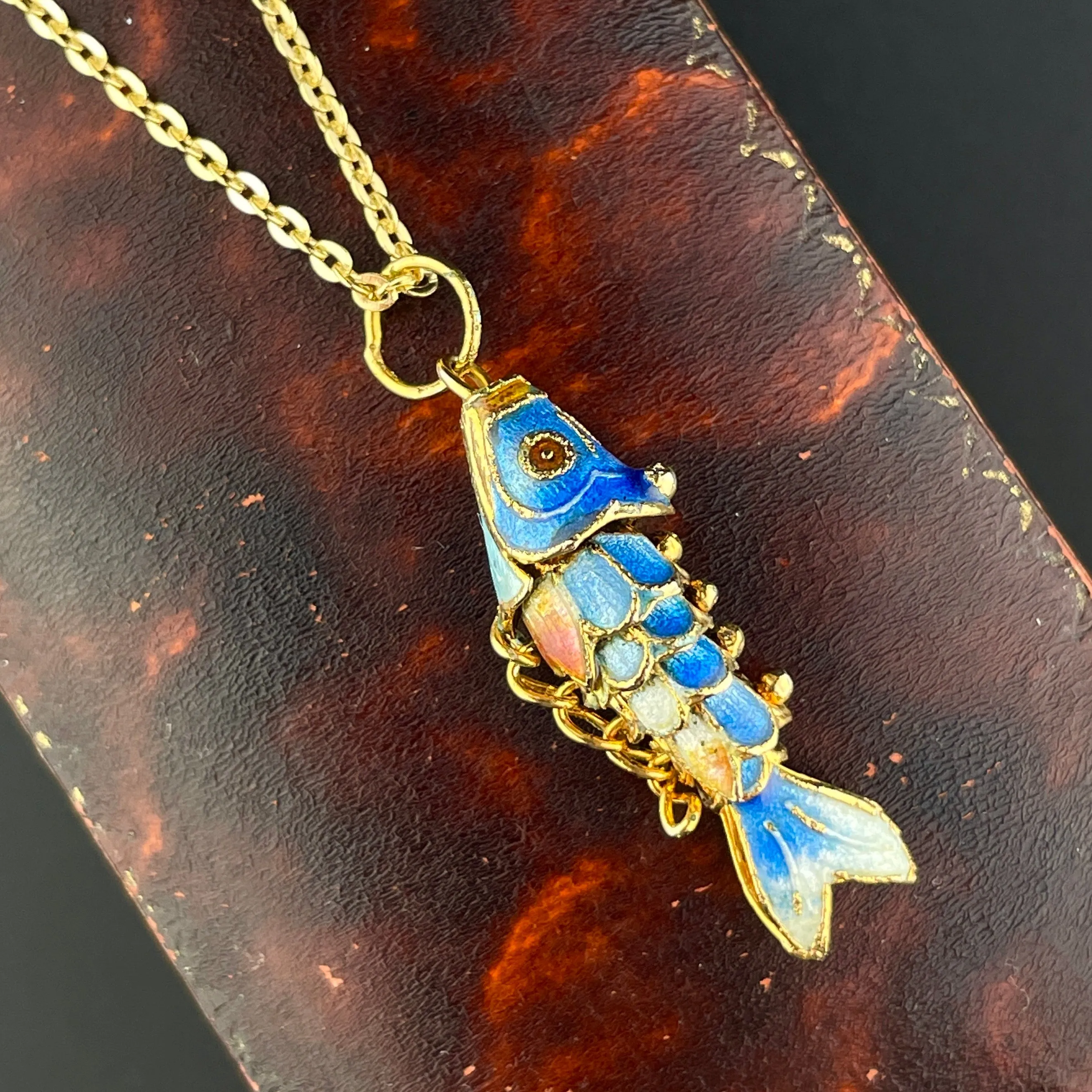 Stunning Vintage Gold Vermeil Koi Fish Pendant Necklace with Vibrant Blue Enamel Accent