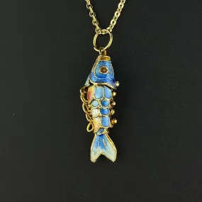 Stunning Vintage Gold Vermeil Koi Fish Pendant Necklace with Vibrant Blue Enamel Accent