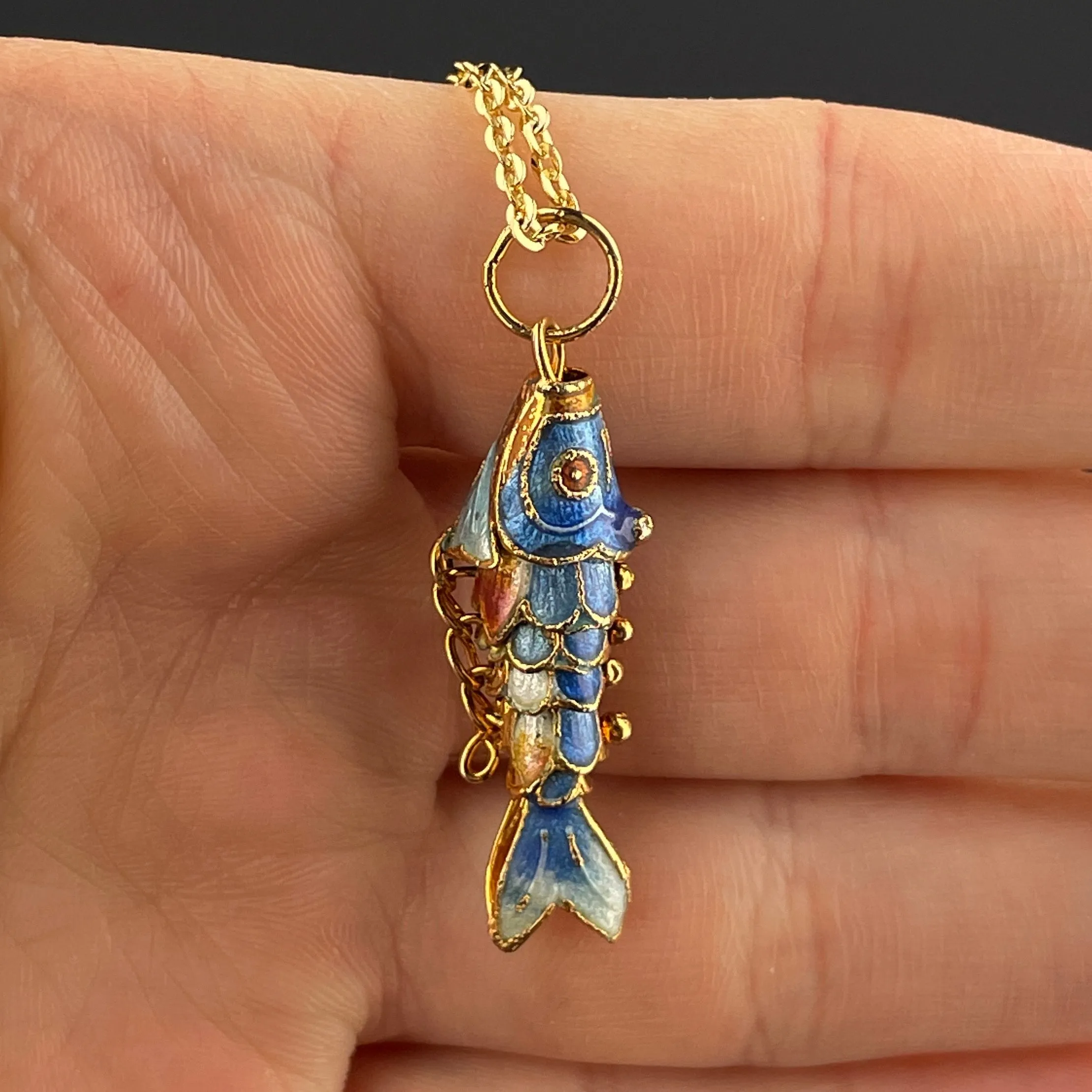 Stunning Vintage Gold Vermeil Koi Fish Pendant Necklace with Vibrant Blue Enamel Accent