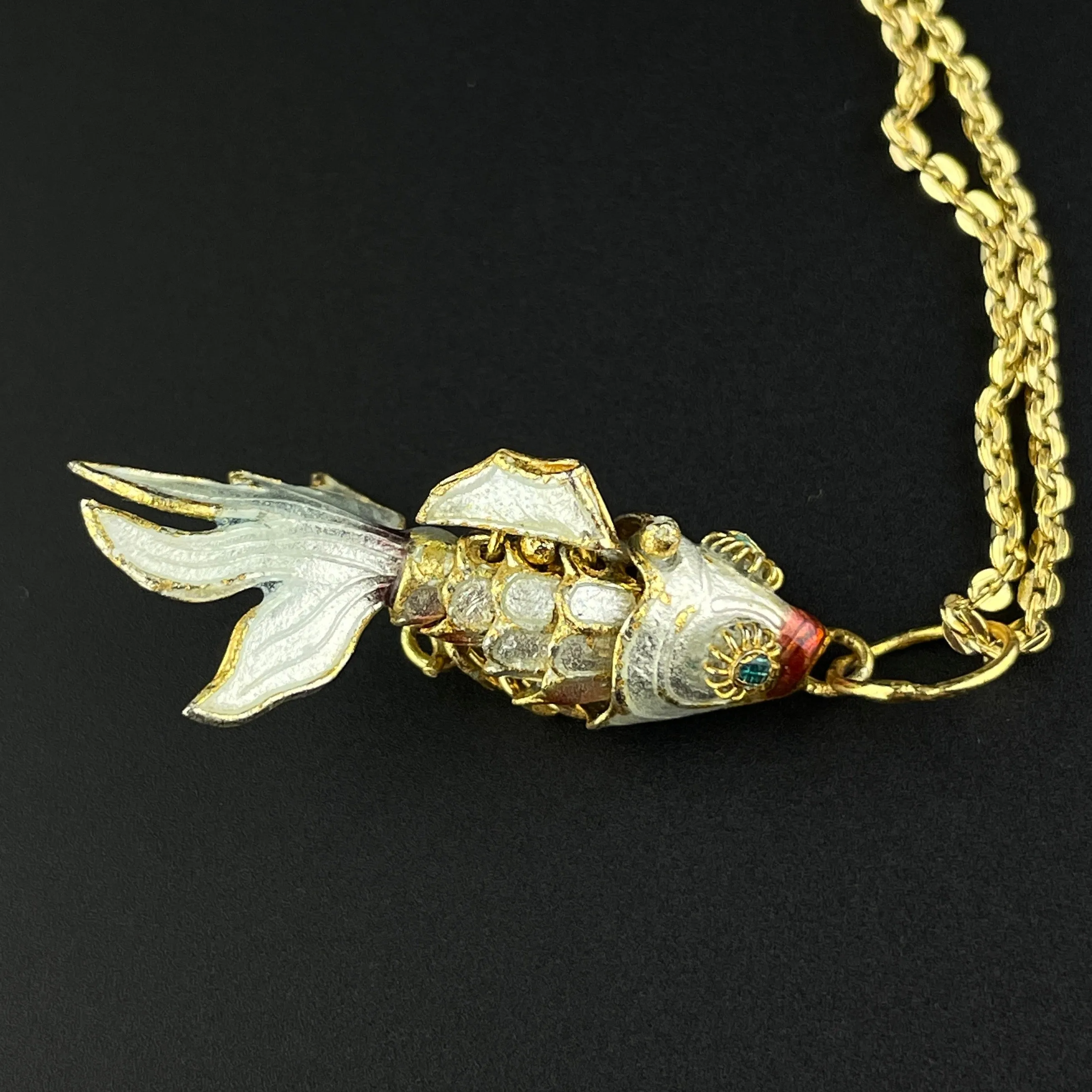 Vintage Articulated White Enamel Gold Vermeil Fish Pendant Necklace