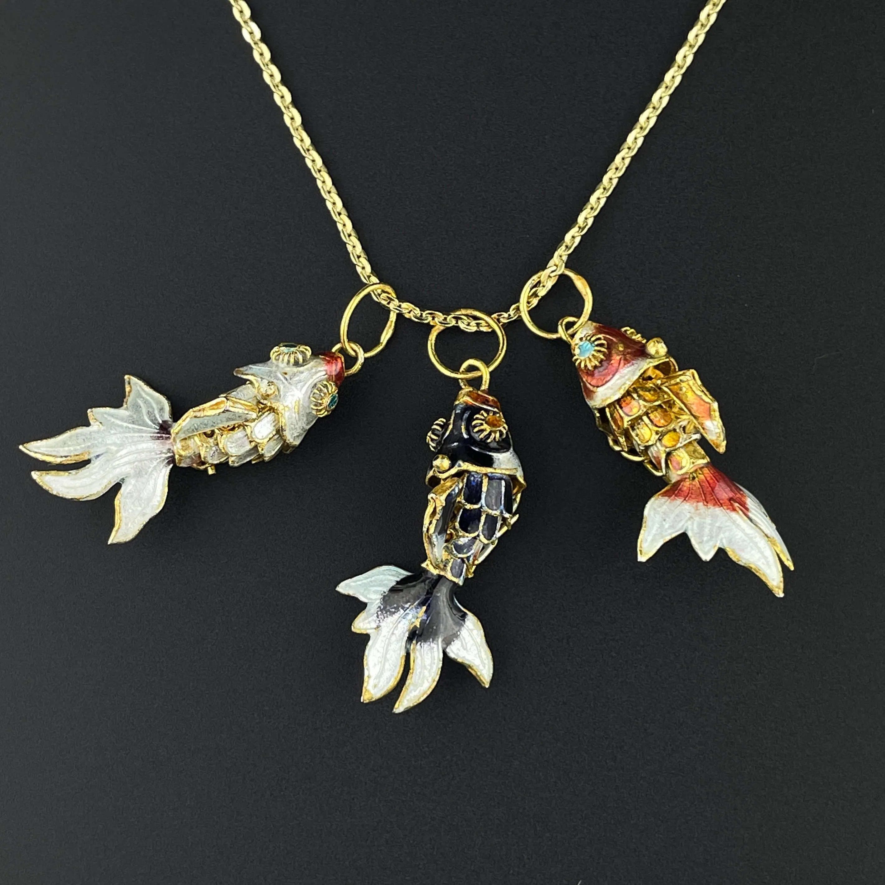 Vintage Articulated White Enamel Gold Vermeil Fish Pendant Necklace