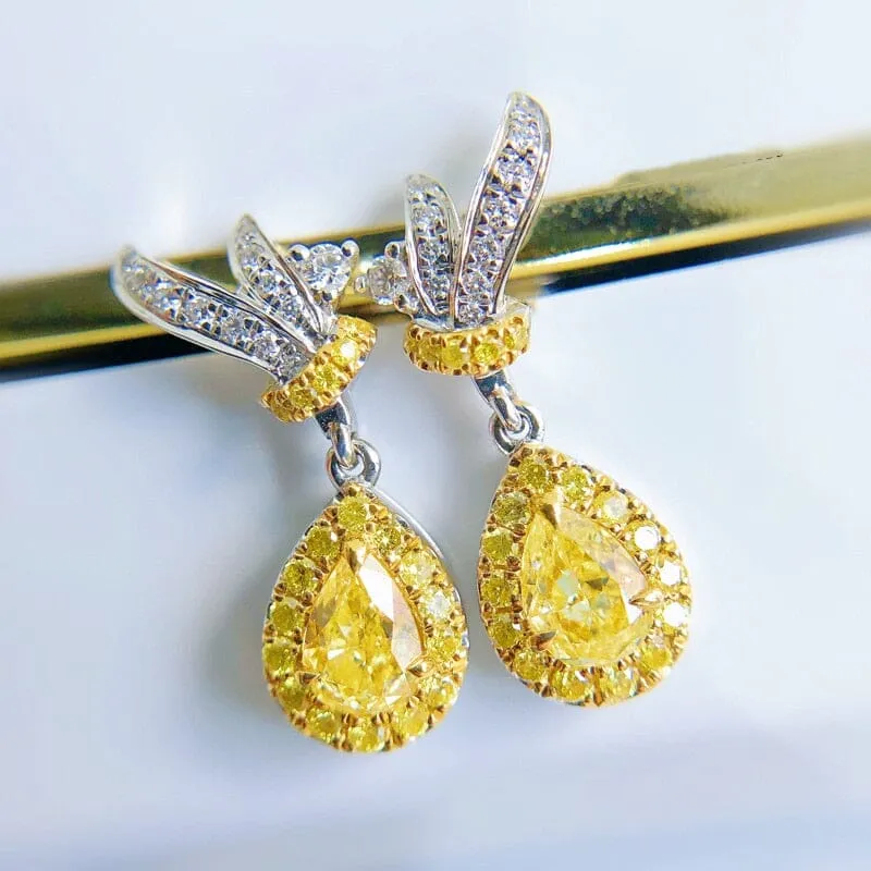 Water Drop Shaped Yellow Stone Citrine Earrings - 925 Sterling Silver